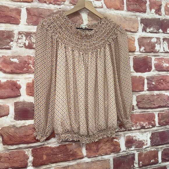 Max Studio Top Shirt Women's XS Multicolor Abstract Smocked Neck Ruffle Popover - Picture 2 of 8